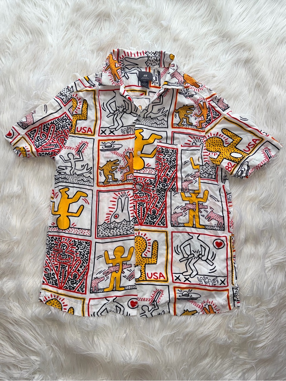 H&M x Keith Haring White Multicolor Pop Art Short-Sleeve Button Up Shirt